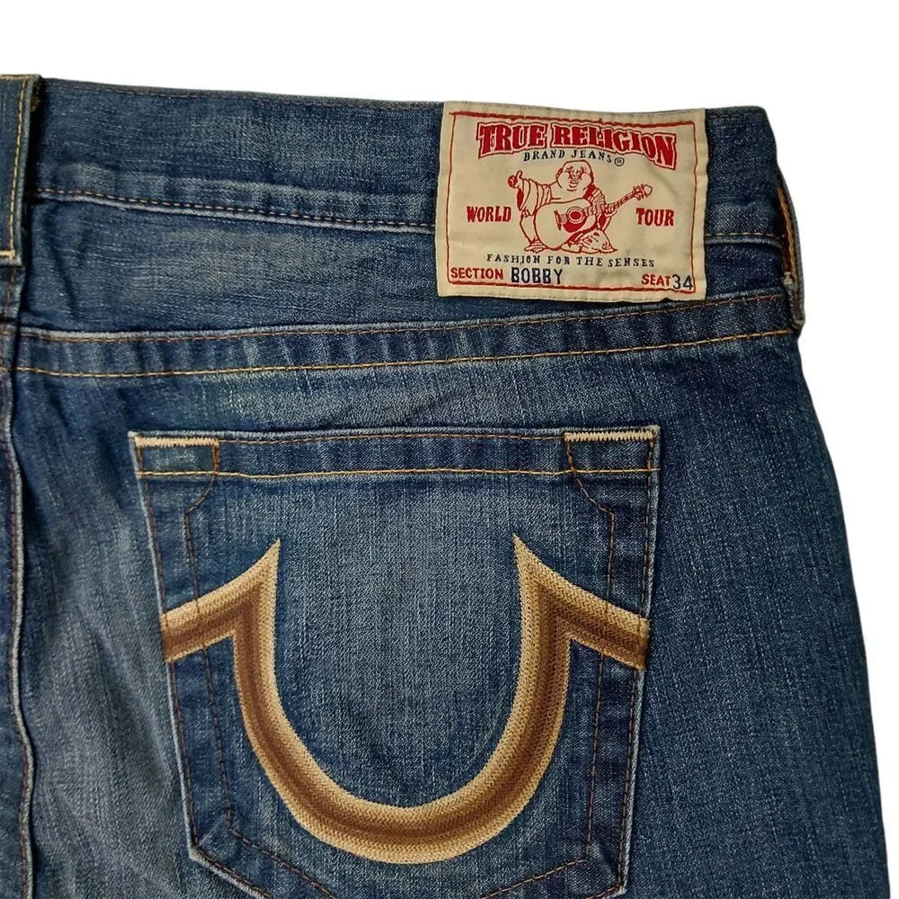 True Religion Bobby Jeans Mens 42x32 Blue Straight Leg Embroidered Retro Y2K